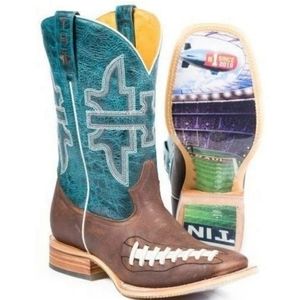 TIN HAUL mens "Football" cowboy boots square toe brown/blue leather sz 8 NWT/NEW